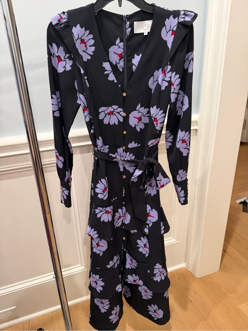Pearl by Lela Rose Navy Floral Tie Waist Dress with Lavender Blooms size 0